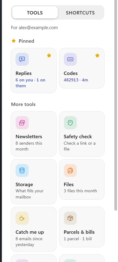 The Pro side panel: Tools and Shortcuts tabs, with Replies and Codes pinned above the other tools.